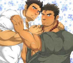 Rule 34 | 2boys, abs, adam&#039;s apple, bad id, bad twitter id, bara, bead necklace, beads, blush, bulge, couple, cross scar, dark-skinned male, dark skin, facial hair, floral background, from side, goatee stubble, hand on another&#039;s arm, head tilt, highres, houzouin oniwaka, jewelry, large pectorals, long sideburns, looking at viewer, male focus, mature male, multiple boys, muscular, muscular male, navel, navel hair, necklace, nipples, one eye closed, pectoral cleavage, pectorals, protagonist 3 (housamo), raineru (gryffindor131), scar, scar on face, scar on forehead, short hair, shy, sideburns, stomach, stubble, thick eyebrows, thick thighs, thighs, tokyo houkago summoners, topless male, upper body, yaoi