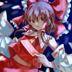 Rule 34 | 1girl, absurdres, armpits, ascot, bare shoulders, blue background, bow, brown eyes, brown hair, collar, collared shirt, commentary, detached sleeves, eyes visible through hair, frills, hair between eyes, hair ornament, hair tubes, hakurei reimu, hand up, highres, long sleeves, looking to the side, merukoodo, midriff peek, navel, ofuda, open mouth, red bow, red shirt, red skirt, shirt, short hair, sidelocks, skirt, solo, touhou, wide sleeves, yellow ascot