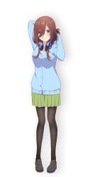 Rule 34 | 1girl, arms behind head, artist request, black footwear, black pantyhose, blue cardigan, blue eyes, blush, breasts, brown hair, cardigan, closed mouth, dress shirt, eyelashes, folded ponytail, full body, go-toubun no hanayome, green skirt, hair between eyes, hair over one eye, hair over shoulder, hands in own hair, headphones, headphones around neck, highres, loafers, long bangs, long hair, looking at viewer, miniskirt, nakano miku, official art, pantyhose, pigeon-toed, pleated skirt, school uniform, shirt, shoes, sidelocks, skirt, smile, solo, standing, swept bangs, white background