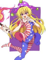 Rule 34 | 1girl, american flag legwear, american flag print, american flag shirt, blonde hair, border, clownpiece, commentary request, fire, hat, highres, holding, holding torch, jester cap, light blush, long hair, looking at viewer, mifutatsu, neck ruff, open mouth, pantyhose, polka dot, polka dot headwear, print shirt, purple background, purple eyes, purple hat, shaded face, shirt, short sleeves, smile, solo, star (symbol), star print, striped clothes, striped pantyhose, striped shirt, torch, touhou, very long hair, white background, white border