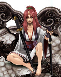 Rule 34 | 1girl, arc system works, baiken, breasts, cleavage, feet, guilty gear, highres, japanese clothes, katana, large breasts, lips, long hair, moeshimo (pixiv), obi, one-eyed, ponytail, red eyes, red hair, sash, scar, scar across eye, scar on face, sitting, solo, sword, weapon