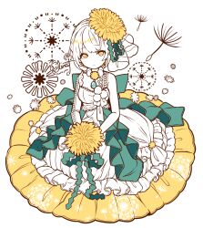 Rule 34 | 1girl, absurdres, artist name, blonde hair, blue gemstone, breasts, closed mouth, colored inner hair, commentary, dandelion, dress, elina (e2n04n), english commentary, floral print, flower, frilled dress, frills, full body, gem, green ribbon, hair flower, hair ornament, highres, holding, holding flower, jewelry, light smile, limited palette, long sleeves, looking at viewer, looking up, mixed-language commentary, multicolored clothes, multicolored dress, multicolored hair, necklace, original, print dress, ribbon, short hair, single bare shoulder, single sleeve, small breasts, solo, thank you, white background, white dress, white hair, white ribbon, yellow dress, yellow eyes, yellow flower