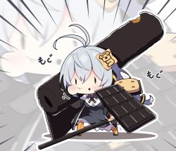 Rule 34 | 1girl, :t, antenna hair, black dress, black jacket, blush, braid, breasts, brown eyes, chibi, chocolate, closed mouth, collared shirt, commentary request, dress, emphasis lines, food, food on face, full body, grey hair, hair between eyes, highres, holding, holding food, jacket, kizuna akari, koala no march, long hair, long sleeves, medium breasts, milkpanda, open clothes, open jacket, orange pantyhose, outline, pantyhose, pocky, puffy cheeks, puffy long sleeves, puffy sleeves, shirt, solo, standing, striped clothes, striped pantyhose, vertical-striped clothes, vertical-striped pantyhose, very long hair, voiceroid, wavy mouth, white outline, white shirt, zoom layer