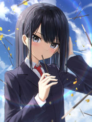 Rule 34 | 1girl, absurdres, adjusting hair, black eyes, black hair, blazer, blue jacket, blue sky, blush, cloud, collared shirt, commentary request, dot nose, food, hair between eyes, hand up, hidulume, highres, holding, holding food, holding pocky, jacket, lens flare, long hair, long sleeves, looking at viewer, mixed-language commentary, necktie, original, pocky, pocky day, red necktie, school uniform, shirt, sky, solo, upper body, white shirt
