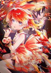 Rule 34 | alternate hair color, bare shoulders, black goldfish, black hair, black jacket, black nails, blue eyes, bow, character request, commentary, dress, closed eyes, fish, flower, goldfish, hair bow, hair ornament, hairclip, jacket, kagamine rin, lips, looking at viewer, nail polish, parted lips, red bow, red dress, red hair, sawashi (ur-sawasi), sitting, solo, underwater, vocaloid, wrist cuffs