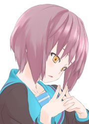 Rule 34 | 00s, 1girl, alternate hair color, close-up, looking down, nagato yuki, open mouth, own hands clasped, own hands together, pink hair, purple hair, reki (tiny fin), school uniform, serafuku, short hair, simple background, solo, steepled fingers, suzumiya haruhi no yuuutsu, yellow eyes