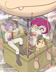 Rule 34 | 1boy, 1girl, aircraft, angry, black footwear, black gloves, boots, closed eyes, creatures (company), dukehooverart, fang, flower, game freak, gen 1 pokemon, gloves, highres, hot air balloon, james (pokemon), jessie (pokemon), meowth, newspaper, nintendo, pink hair, pokemon, pokemon (anime), pokemon (classic anime), purple hair, red flower, red rose, rose, sitting, smile, sweatdrop, team rocket, team rocket uniform, wanted, worried
