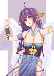 Rule 34 | 1girl, absurdres, ahoge, animal ears, arms up, bracelet, breasts, character request, cleavage, cowboy shot, detached collar, detached sleeves, fox ears, hamakaze (ice), head tilt, highres, huyao xiao hongniang, jewelry, large breasts, long hair, looking at viewer, panties, parted lips, purple eyes, purple hair, side-tie panties, signature, simple background, skindentation, solo, string panties, thighhighs, tushan yaya, underwear, white thighhighs