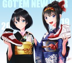 Rule 34 | 2019, 2girls, :d, air jordan, air jordan 19, air jordan 20, black hair, black kimono, blue eyes, blue kimono, blush, bow, hair behind ear, hair between eyes, hair bun, hairband, hand on another&#039;s shoulder, happy new year, highres, holding, holding shoes, japanese clothes, kimono, looking at viewer, mitsugi riku (silenxe), mizuki shizuka (silenxe), multiple girls, new year, obi, open mouth, original, red bow, red hairband, sash, shoes, short hair, silenxe, single hair bun, smile, sneakers, yukata