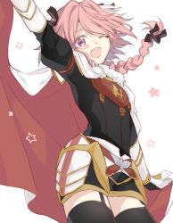 Rule 34 | 1boy, armor, astolfo (fate), blush, braid, cloak, fate/apocrypha, fate/grand order, fate (series), hair ribbon, kan&#039;yu (citron 82), long hair, looking at viewer, male focus, one eye closed, open mouth, pink hair, purple eyes, ribbon, smile, solo, thighhighs, trap