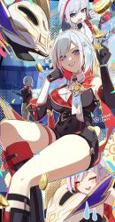 Rule 34 | 1girl, belt, black belt, black gloves, blue eyes, blush, clenched hand, coin, colored inner hair, detached sleeves, elbow gloves, eyeshadow, gloves, gold coin, grey hair, grin, hands up, highres, holding, holding coin, honkai: star rail, honkai (series), hug, ikenotori, looking at viewer, makeup, mole, mole on thigh, multicolored hair, multiple views, numby (honkai: star rail), red eyeshadow, red hair, short hair, single elbow glove, sleeveless, smile, sweatdrop, symbol-shaped pupils, thigh strap, topaz (honkai: star rail), trotter (honkai: star rail), twitter username