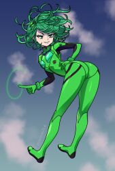Rule 34 | 1girl, absurdres, alternate color, ass, ass focus, blush, bodysuit, cameltoe, cleft of venus, cosplay, curly hair, floating, floating hair, from below, full body, green bodysuit, highres, looking back, looking to the side, myahogao, neon genesis evangelion, one-punch man, plugsuit, psychic, shiny clothes, short hair, skin tight, sky, solo, souryuu asuka langley, souryuu asuka langley (cosplay), tatsumaki, thighs