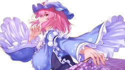 Rule 34 | 1girl, absurdres, blue kimono, breasts, commentary request, frilled kimono, frilled sleeves, frills, hand fan, hand on own chin, hand up, hat, highres, ibuki notsu, japanese clothes, kimono, large breasts, long sleeves, mob cap, outstretched arm, parted lips, pink eyes, pink hair, profile, saigyouji yuyuko, short hair, simple background, solo, touhou, triangular headpiece, white background, wide sleeves
