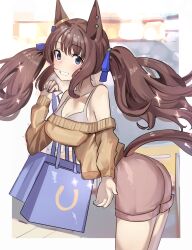 Rule 34 | 1girl, alternate costume, animal ears, ass, bag, bare shoulders, blurry, blurry background, blush, breasts, brown hair, brown shorts, brown sweater, cleavage, clothing cutout, commentary request, ear ornament, grey eyes, grin, highres, holding, holding bag, horse ears, horse girl, horse tail, long hair, medium breasts, multicolored nails, off-shoulder sweater, off shoulder, outdoors, shopping bag, shorts, smile, solo, solokitsune, sweater, tail, tail through clothes, tosen jordan (umamusume), twintails, umamusume