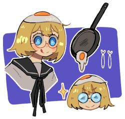 Rule 34 | 1girl, 39w8epp8pk, black sailor collar, blonde hair, blue background, blue eyes, closed mouth, food, food on head, fried egg, frying pan, glasses, grey shirt, licking lips, medium hair, multiple views, object on head, sailor collar, shimeji simulation, shirt, smile, sparkle, tongue, tongue out, two-tone background, upper body, white background, yamashita majime
