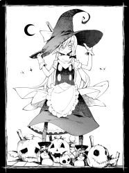 Rule 34 | 1girl, akimaki yuu, apron, black hat, black pantyhose, black skirt, black vest, boots, bow, braid, commentary request, crescent moon, full body, gloves, greyscale, hair bow, hair ornament, hairclip, hands on headwear, hat, highres, jack-o&#039;-lantern, kirisame marisa, lantern, long hair, looking at viewer, monochrome, moon, pantyhose, safety pin, shirt, short sleeves, single braid, skirt, solo, sparkle, standing, star (symbol), star hair ornament, touhou, vest, waist apron, white shirt, witch hat
