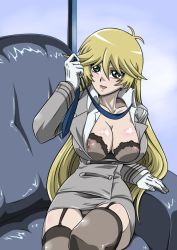 Rule 34 | 1girl, blonde hair, blouse, blue eyes, bra, breasts, garter straps, gloves, large breasts, lingerie, long hair, nipples, open clothes, open shirt, sherry leblanc, shirt, solo, straw (yokubou hiroba), thighhighs, underwear, yu-gi-oh!, yu-gi-oh! 5d&#039;s