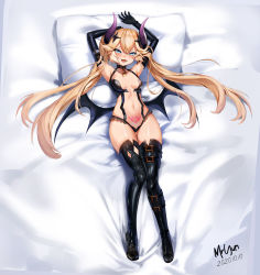 Rule 34 | 1girl, artist name, black footwear, black gloves, blonde hair, blue eyes, blush, boots, breasts, dated, demon girl, demon wings, elbow gloves, full body, gloves, hair between eyes, highres, horns, last origin, long hair, looking at viewer, lying, mr.yun, on back, on bed, open mouth, pillow, pubic tattoo, signature, small breasts, smile, solo, tattoo, thetis (last origin), thigh boots, thigh gap, thighhighs, tsurime, twintails, wide hips, wings