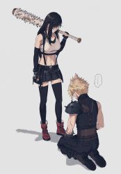 Rule 34 | ..., 1boy, 1girl, 234 (1234!), ankle boots, armor, bad id, bad twitter id, baseball bat, belt, black belt, black footwear, black gloves, black hair, black pants, black shirt, black skirt, black thighhighs, blonde hair, blood, bloody weapon, boots, clenched hand, closed mouth, cloud strife, commentary, crop top, elbow gloves, final fantasy, final fantasy vii, final fantasy vii remake, fingerless gloves, frown, gloves, harness, highres, holding, holding weapon, long hair, looking at another, miniskirt, nail, nail bat, navel, pants, pauldrons, pleated skirt, red footwear, ribbed shirt, seiza, shirt, short hair, shoulder armor, simple background, single pauldron, sitting, skirt, sleeveless, sleeveless shirt, spiked bat, spiked hair, spoken ellipsis, square enix, standing, suspender skirt, suspenders, sweatdrop, thighhighs, tifa lockhart, weapon, white shirt