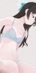 Rule 34 | 1girl, airi (blue archive), aqua halo, blue archive, bow, bra, breasts, collarbone, commentary, green bow, green eyes, grey background, grey bra, grey panties, hair bow, halo, highres, hiroki (yyqw7151), long hair, looking down, panties, simple background, small breasts, solo, underwear, underwear only