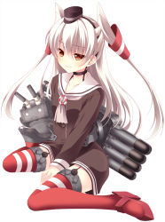 Rule 34 | 10s, 1girl, a flow, amatsukaze (kancolle), bad id, bad pixiv id, brown eyes, choker, dress, garter straps, highres, kantai collection, long hair, o o, personification, red thighhighs, rensouhou-kun, sailor dress, school uniform, serafuku, short dress, simple background, sitting, smile, striped clothes, striped thighhighs, thighhighs, wariza, white background, zettai ryouiki