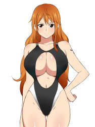 Rule 34 | 1girl, black one-piece swimsuit, breasts, brown eyes, cleavage cutout, clothing cutout, collarbone, competition swimsuit, curvy, female focus, highres, huge breasts, kagemusha, long hair, looking at viewer, nami (one piece), navel, one-piece swimsuit, one piece, orange hair, shiny skin, simple background, smile, solo, standing, swimsuit, tattoo, thigh gap, underboob, very long hair, white background, wide hips