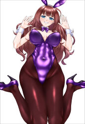 Rule 34 | 1girl, animal ears, assault lily, bare shoulders, blue eyes, bow, bowtie, breasts, breasts apart, brown hair, brown pantyhose, commentary request, covered navel, detached collar, fake animal ears, fingernails, grin, groin, hairband, hands up, high heels, highleg, highleg leotard, highres, kaede johan nouvel, knees out of frame, large breasts, leotard, long hair, looking at viewer, pantyhose, parted lips, playboy bunny, pumps, purple bow, purple bowtie, purple footwear, purple leotard, rabbit, rabbit ears, shiromitsu suzaku, sidelocks, simple background, sitting, smile, solo, strapless, strapless leotard, very long hair, wariza, wavy hair, white background, white hairband, wrist cuffs