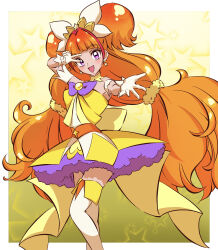 Rule 34 | 1girl, :d, absurdres, amanogawa kirara, arm up, armband, back bow, blunt bangs, boots, bow, commentary, cure twinkle, detached collar, dress, dress bow, earrings, gloves, go! princess precure, hair ornament, hair scrunchie, highres, huge bow, jewelry, kengo kumaxile, long hair, looking at viewer, low-tied long hair, magical girl, multicolored hair, open mouth, orange hair, precure, purple eyes, reaching, reaching towards viewer, red hair, scrunchie, short dress, smile, solo, standing, star (symbol), star earrings, starry background, strapless, strapless dress, streaked hair, thigh boots, tiara, twintails, two-tone hair, v over eye, very long hair, white footwear, white gloves, yellow background, yellow collar, yellow dress