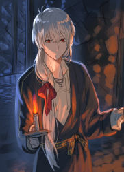 Rule 34 | 1boy, a mo mame, ahoge, black robe, bow, candle, candlelight, candlestand, closed mouth, hair between eyes, hair bow, highres, holding, holding candle, kuzuha (nijisanji), light smile, long hair, long sleeves, looking at viewer, male focus, mole, mole under eye, nijisanji, ponytail, red bow, red eyes, robe, shirt, sleeves past wrists, solo, standing, stone wall, virtual youtuber, wall, white hair, white shirt
