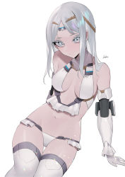 Rule 34 | 1girl, bare shoulders, bebe (bebe pp), bikini, breasts, cleavage, elbow gloves, fate/grand order, fate (series), galatea (fate), gloves, halterneck, highres, joints, long hair, looking at viewer, medium breasts, navel, pale skin, parted bangs, robot joints, solo, swimsuit, thighhighs, thighs, tiara, white bikini, white eyes, white gloves, white hair, white thighhighs
