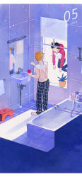 Rule 34 | 1a79f5as19e, 2boys, absurdres, barefoot, bath stool, bathroom, bathtub, black hair, blue pants, brown hair, cup, dated, facing away, faucet, floating, highres, holding, holding cup, holding toothbrush, hood, hood down, hoodie, indoors, kageyama shigeo, long sleeves, looking at another, looking away, looking inside, looking outside, male focus, mirror, mob psycho 100, multiple boys, pajamas, pants, plaid, plaid pants, plant, potted plant, psychic, purple theme, raglan sleeves, reflection, reigen arataka, short hair, shower head, sink, standing, stool, surprised, tile floor, tile wall, tiles, toothbrush, topless, towel, towel around neck, triangle, window, window shadow