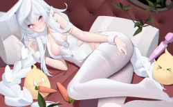 Rule 34 | &gt; &lt;, + +, 0 0, 1girl, animal ears, ass, azur lane, bare shoulders, blue eyes, blush, blush stickers, braid, breasts, carrot, couch, creature, ears down, fake animal ears, flying sweatdrops, highres, hitachi magic wand, kemonomimi mode, le malin (azur lane), le malin (listless lapin) (azur lane), leotard, long hair, lying, manjuu (azur lane), medium breasts, no shoes, nose blush, official alternate costume, on couch, on side, open mouth, pantyhose, pillow, playboy bunny, rabbit ears, revealing clothes, sex toy, silver hair, solo focus, thigh strap, tousang, twin braids, very long hair, vibrator, white leotard, white pantyhose, wrist cuffs