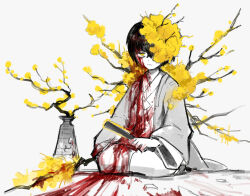 Rule 34 | 1boy, black hair, blood, blood in hair, blood on clothes, blood on face, branch, closed mouth, coat, e.g.o (project moon), flaw eight, flower, flower over eye, grey coat, holding, holding branch, limbus company, long sleeves, project moon, sitting, solo, vase, white hanbok, wide sleeves, wings, yellow eyes, yellow flower, yi sang (project moon)