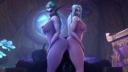 Rule 34 | 1boy, 2girls, 3d, animated, ass, breasts, buttjob, cooperative buttjob, dark-skinned female, dark skin, multiple girls, nipples, nude, pointy ears, standing, tagme, teamwork, video, warcraft, world of warcraft