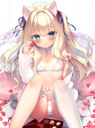 Rule 34 | 1girl, angel, angel wings, animal ears, blonde hair, blue eyes, blue ribbon, blush, bow, bow bra, bow panties, box, box of chocolates, bra, bridal garter, cat ears, chocolate, closed mouth, commentary request, feathered wings, feet out of frame, frilled pillow, frills, grey bow, hair ribbon, halo, hand up, heart, holding, jacket, knees up, long sleeves, looking at viewer, off shoulder, open clothes, open jacket, original, panties, petals, pillow, pink bow, ribbon, sazaki ichiri, single thighhigh, sitting, sleeves past wrists, smile, solo, thighhighs, two side up, underwear, white bra, white jacket, white panties, white thighhighs, white wings, wings