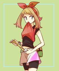 Rule 34 | 1girl, adjusting clothes, bike shorts, bike shorts under shorts, black shirt, black shorts, bow, brown hair, clothes in mouth, cowboy shot, creatures (company), fanny pack, game freak, hair bow, hari611, may (pokemon), mouth hold, nintendo, pokemon, pokemon oras, red bow, red shirt, shirt, shirt in mouth, shirt under shirt, shorts, solo, white shorts