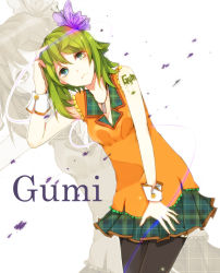 Rule 34 | 1girl, black pantyhose, butterfly hair ornament, character name, green eyes, green hair, gumi, hair ornament, hiiro, leaning forward, looking at viewer, matching hair/eyes, pantyhose, short hair, solo, vocaloid, wrist cuffs