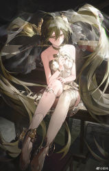 Rule 34 | 1girl, :/, absurdly long hair, absurdres, asymmetrical legwear, bare shoulders, brown footwear, chair, closed mouth, commentary, crying, crying with eyes open, dress, flower, full body, gold choker, gramophone miku, green eyes, green hair, hair between eyes, hair ornament, hatsune miku, highres, holding, holding flower, instrument, long hair, piano, shoes, sitting, socks, solo, symbol-only commentary, tears, thighhighs, twintails, uneven legwear, veil, very long hair, vocaloid, weibo logo, weibo watermark, white dress, white flower, white socks, white thighhighs, zadun