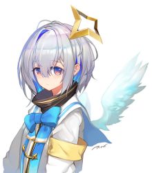 Rule 34 | 1girl, amane kanata, angel wings, black shirt, blue bow, blue hair, blue wings, blush, bob cut, bow, closed mouth, commentary request, feathered wings, hair between eyes, halo, high collar, highres, hololive, jacket, looking at viewer, multicolored hair, pupps, red eyes, shirt, signature, silver hair, simple background, single hair intake, solo, star halo, two-tone hair, upper body, virtual youtuber, white background, white jacket, wings
