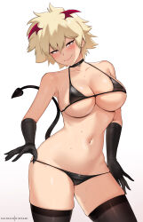 Rule 34 | 1girl, bakugou mitsuki, bare shoulders, bikini, black bikini, black gloves, black thighhighs, blonde hair, blush, boku no hero academia, breasts, choker, cleavage, closed mouth, collarbone, commentary, demon tail, elbow gloves, female focus, foreshortening, gloves, groin, hair between eyes, head wings, highres, hioyami, large breasts, leaning to the side, looking at viewer, mature female, micro bikini, naughty face, navel, patreon username, red eyes, short hair, simple background, skindentation, smirk, solo, sweat, swimsuit, tail, tail raised, thighhighs, thighs, underboob, v-shaped eyebrows, wings