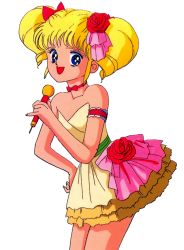Rule 34 | 1990s (style), 1girl, arm strap, blonde hair, blue eyes, bow, cowboy shot, dress, flower, hair bow, hair flower, hair ornament, holding, holding microphone, idol densetsu eriko, long hair, microphone, non-web source, official art, open mouth, red neckwear, retro artstyle, short dress, simple background, solo, strapless, strapless dress, tamura eriko, twintails, white background