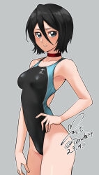 Rule 34 | 1girl, black eyes, black hair, black one-piece swimsuit, bleach, breasts, choker, commentary request, competition swimsuit, covered navel, dated, grey background, hair between eyes, hand on own hip, highleg, highleg swimsuit, highres, kuchiki rukia, one-piece swimsuit, parted lips, red choker, revision, short hair, signature, simple background, small breasts, solo, swimsuit, twitter username, two-tone swimsuit, yoo tenchi