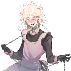 Rule 34 | 1boy, absurdres, alternate costume, apron, black gloves, blonde hair, blush, bound, broken, broken chain, brown eyes, chain, chain leash, chain necklace, chained, collar, cuffs, danganronpa (series), danganronpa 2: goodbye despair, elbow gloves, gloves, hair between eyes, handcuffs, highres, jewelry, komaeda nagito, kyandii, leash, long sleeves, looking at viewer, male focus, messy hair, metal collar, necklace, open mouth, pink apron, restrained, shackles, short hair, simple background, smile, solo, spikes, teeth, upper body, upper teeth only, white background