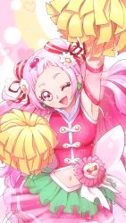 Rule 34 | 1girl, ;d, arm up, blush, commentary request, cone hair bun, cure yell, double bun, earrings, flower, hair bun, hair flower, hair ornament, hair ribbon, hawe king, hugtto! precure, jewelry, long hair, looking at viewer, magical girl, navel, nono hana, one eye closed, open mouth, pink eyes, pink hair, pink skirt, pom pom (cheerleading), precure, red ribbon, ribbon, skirt, smile, solo