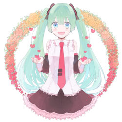 Rule 34 | 1girl, bad id, bad pixiv id, blue eyes, chiri (ch!), detached sleeves, flower, green hair, hatsune miku, heart, long hair, necktie, open mouth, skirt, solo, twintails, vocaloid, white background