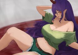 Rule 34 | 1girl, arm behind head, belt, breasts, cleavage, feet out of frame, green shirt, grey background, highres, horns, huge breasts, long hair, looking at viewer, moriforest1040, navel, open mouth, purple hair, red eyes, red horns, shirt, short shorts, shorts, single horn, solo, tenkajin chiyari, touhou