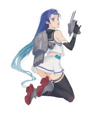 Rule 34 | 10s, 1girl, ass, bare shoulders, black gloves, black thighhighs, blue eyes, blue hair, blush, branch (blackrabbits), elbow gloves, from behind, gloves, gradient hair, highres, kantai collection, long hair, looking at viewer, looking back, machinery, multicolored hair, open mouth, samidare (kancolle), school uniform, serafuku, shirt, simple background, sleeveless, sleeveless shirt, solo, swept bangs, thighhighs, turret, very long hair, white background, zettai ryouiki