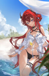 Rule 34 | 1girl, absurdres, arknights, bare shoulders, beach, bikini, black choker, blue sky, champagne flute, choker, cloud, commentary request, cup, day, drinking glass, hair rings, highres, holding, holding cup, horns, long hair, looking at viewer, ocean, purple eyes, red hair, sky, solo, stomach, surtr (arknights), surtr (colorful wonderland) (arknights), swimsuit, teen a, thigh strap, thighs, very long hair, water