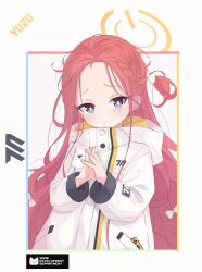 Rule 34 | 1girl, absurdres, blue archive, blue eyes, blush, bow, braid, closed mouth, commentary, forehead, hair bow, halo, highres, interlocked fingers, jacket, long hair, long sleeves, looking at viewer, orange halo, red hair, rokukarashi, solo, upper body, white bow, white jacket, yuzu (blue archive)
