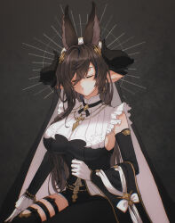 Rule 34 | 1girl, amuku, animal ears, breasts, brown hair, closed eyes, detached sleeves, extra ears, frills, galleon (granblue fantasy), gloves, granblue fantasy, highres, horns, large breasts, long hair, pointy ears, sideboob, solo, thigh strap, veil, very long hair, white gloves